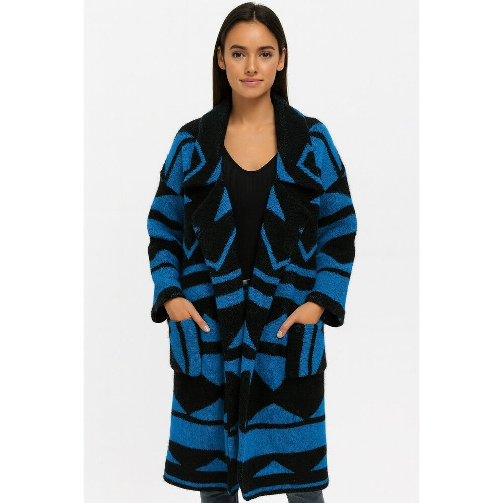 90’s Funky Vintage I.B. Diffusion Blue & Black Geometric Wool Blend Open Front L